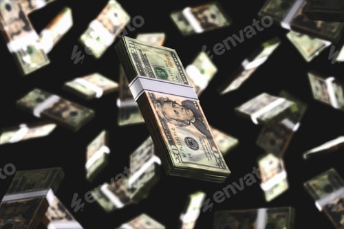 Preview: Many bundles of dollar bills falling on a black background