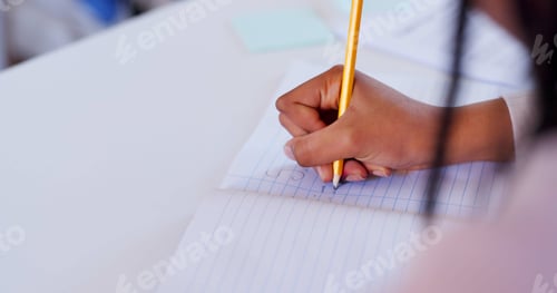 Preview: Hands, pencil and writing in school for learning, education and development with study notes in boo