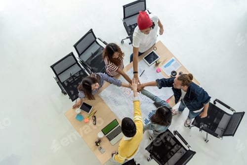 Preview: Top view scene of Asian and Multiethnic Business people with casual suit standing