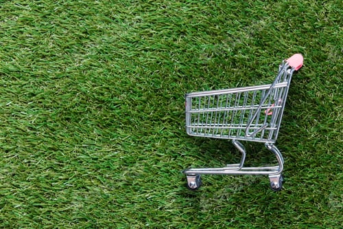 Preview: Self-service supermarket shopping trolley cart on spring or summer green grass lawn background