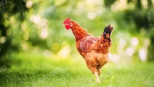 Preview: Hen on a traditional free range organic farm grazing on the grass, copy space