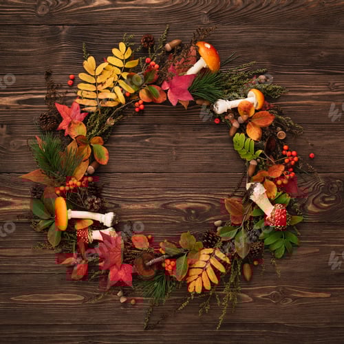 Preview: Autumnal Wreath Frame on Vintage Wooden Background