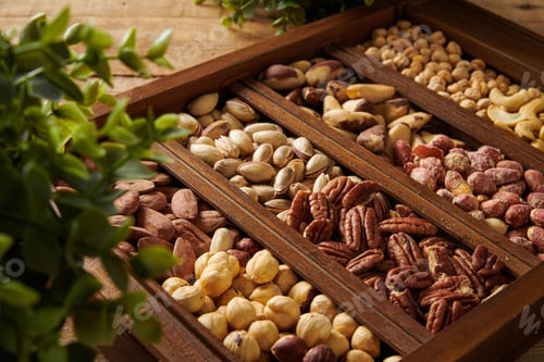 Preview: Mix of Nuts in a Wooden Box with Plants