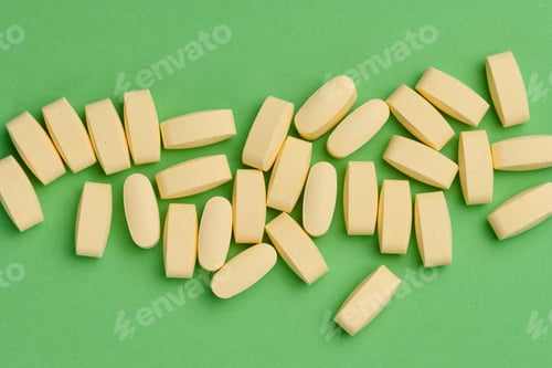 Preview: Yellow oval tablets on a green background, top view