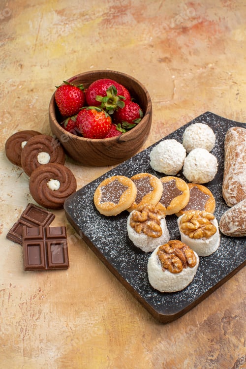 Preview: front view different sweets with cookies and fruits on light desk fruit sugar pie cakes