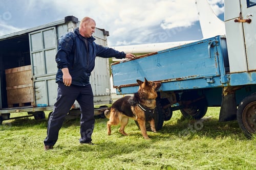 Preview: Security officer and drug detection dog checking truck at aerodrome