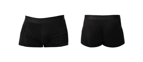 Preview: Black menʼs underwear isolated on white, collage. Back and front views