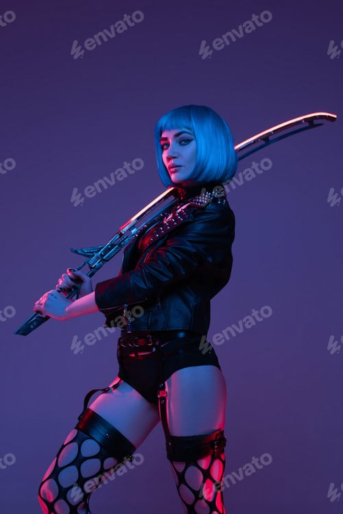 Preview: Futuristic woman in cyberpunk style and fight pose