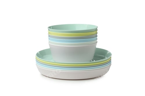 Preview: Colorful plastic dishware isolated on white background