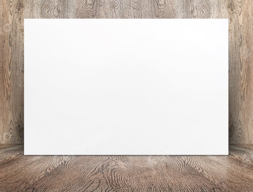 Preview: Blank banner white paper poster leaning at wood wall on wooden floor