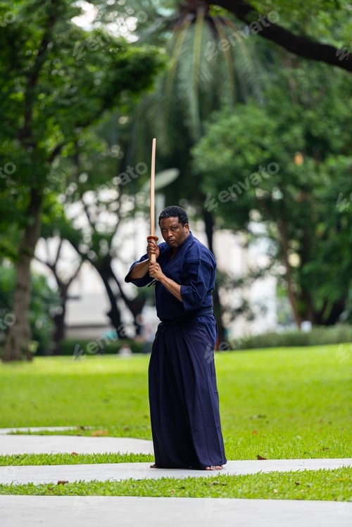 Preview: Handsome black martial artist man with martial arts costume of kendo