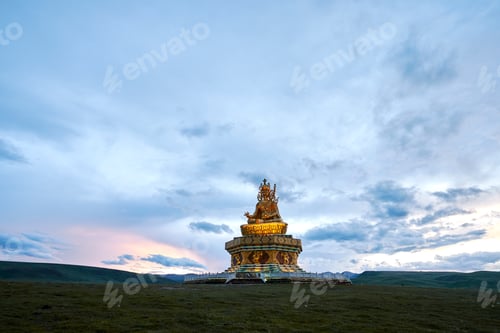 Preview: Golden buddhist sculpture on hill, Baiyu, Sichuan, China