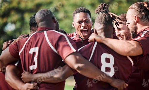 Preview: Football team, hug in circle and happiness on sports field by shout, victory and final competition.