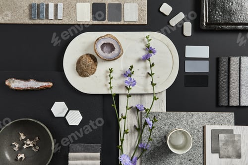 Preview: Flat lay composition of creative black architect moodboard