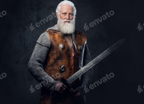 Preview: Senior knight with sword posing against dark background