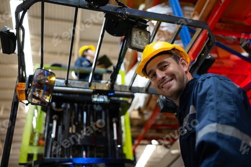 Preview: Warehouse workers using forklift to check and counting in a large warehouse.