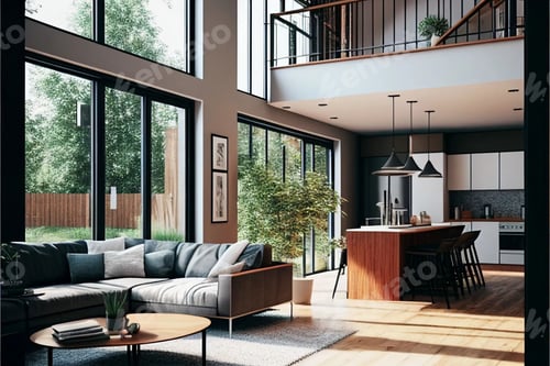 Preview: Beautiful view of a kitchen interior with bar, sofas, table and transparent doors