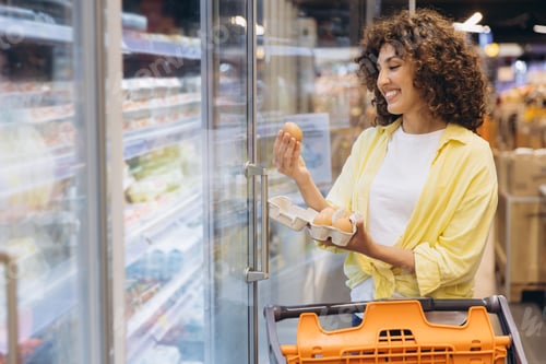 Preview: Woman choosing fresh eggs in supermarket refrigerator