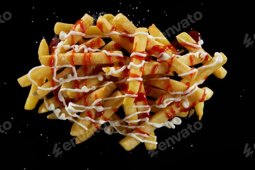 Preview: View of mayonnaise and ketchup on pile of appetizing crinkle cut French fries on a black table