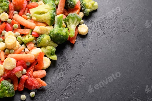 Preview: Border of frozen food vegetables on white background. Space for text.