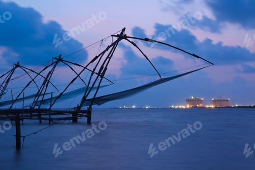 Preview: Chinese fishnets in twilight. Kochi, Kerala, India