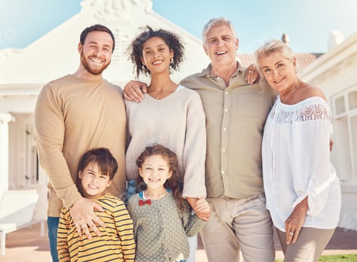 Preview: Family, portrait and happiness, generations and love with grandparents, parents and children outdoo