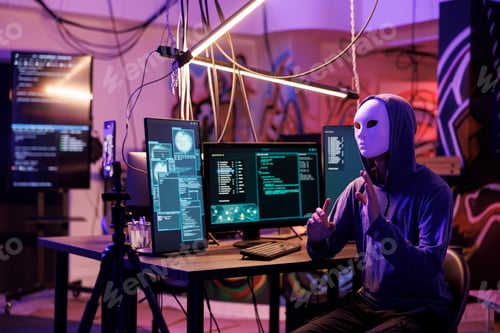 Preview: Hacker in anonymous mask recording video