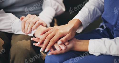 Preview: Patient, hands and nurse with care for empathy, trust or listening with understanding of pain, grie
