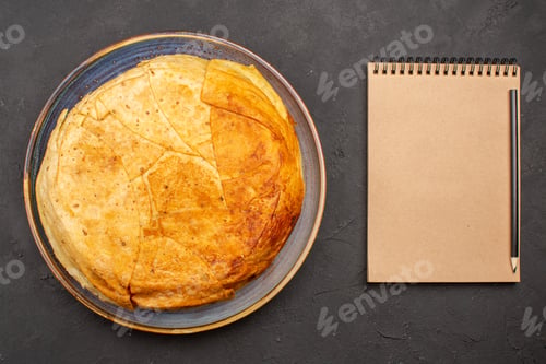 Preview: top view tasty shakh plov cooked rice inside round dough on grey background rice meal cooking dough