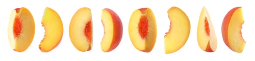 Preview: Set of cut ripe peaches on white background, banner design