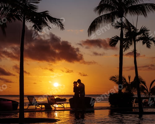 Preview: Romantic sunset embrace by the beach in Mauritius, perfect for luxury holiday memories