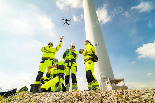 Preview: Wind turbine inspector wearing Personal protective equipment working at wind turbines farm