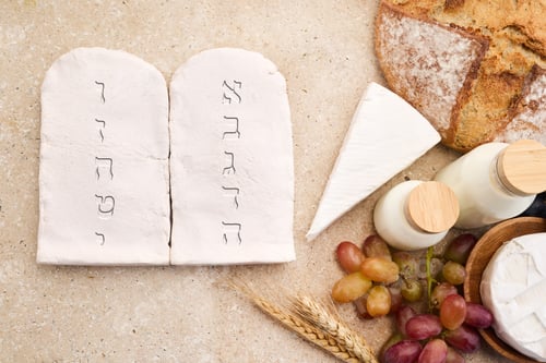 Preview: Happy Shavuot concept. Two Stones with Ten Commandments in Ancient Hebrew, Grains, milk and cheese