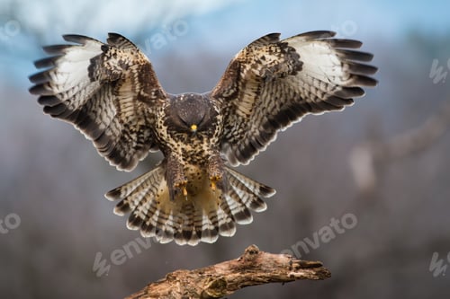 Preview: Common buzzard landing on branch in wintertime forest