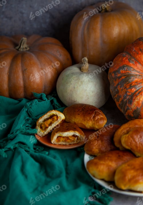 Preview: Pumpkin patties. Autumn food. You are on the table. A treat for Halloween. Still life. Sweet