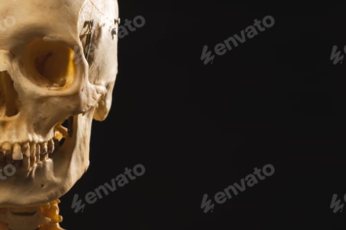 Preview: Plastic skeleton with copy space on black background