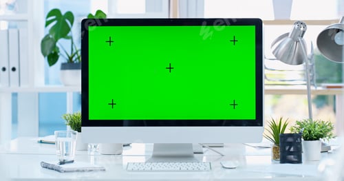 Preview: Green screen, business and website with computer in office for research, communication or tracking