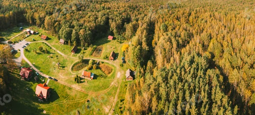 Preview: Belarus, Berezinsky Biosphere Reserve. Aerial Bird's-eye View Of Nivki Tourist Complex In Autumn