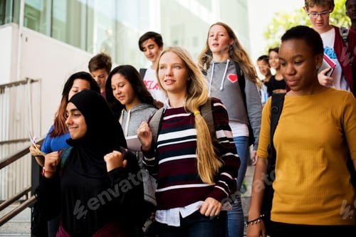 Preview: Group of school friends walking down staircase