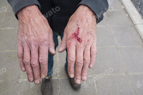Preview: bloody and dirty hands of a working man from the back, male worker