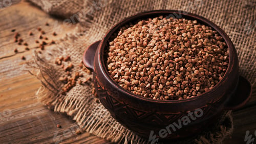 Preview: Organic uncooked scattered buckwheat grain in a bowl on a rustic wooden background