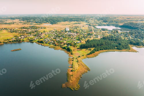 Preview: Slobodka, Braslaw District, Vitebsk Voblast, Belarus. Aerial View Of Potsekh Lake, Green Forest