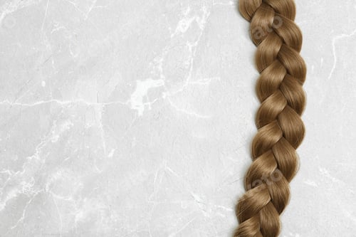 Preview: Braided hair on grey background, top view with space for text
