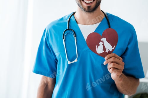 Preview: cropped view of smiling veterinarian showing paper cut heart with dog and cat symbols