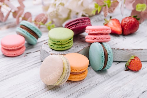 Preview: French macaroons. coffee, chocolate, vanilla and raspberry macaroons