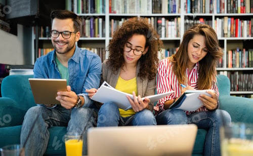 Preview: Student studying brainstorming library friends teamwork concept