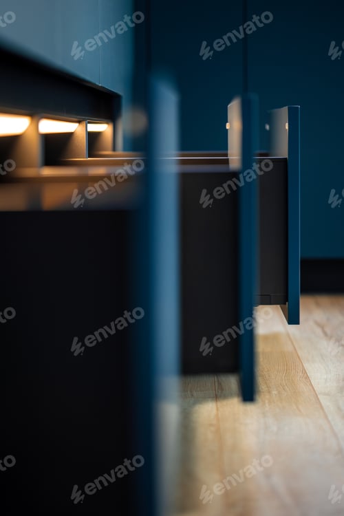 Preview: Warm lighting. Drawer row. Blue fronts