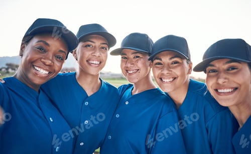 Preview: Women, team portrait and softball, selfie and sports game with fitness, professional and athlete gr