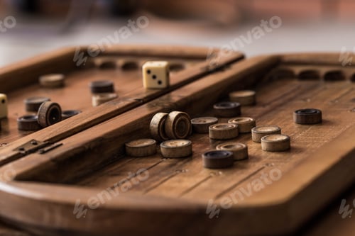 Preview: wooden Board with backgammon, pawns, dice, close up