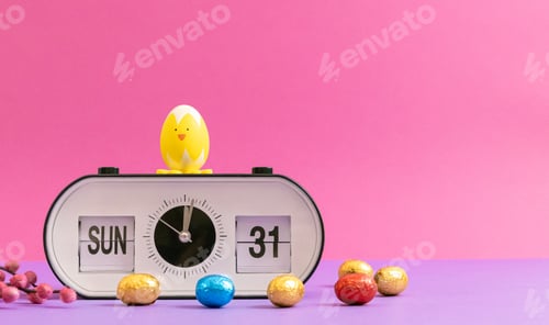 Preview: Alarm clock with time, date, Easter eggs, Easter chick and willow branches.